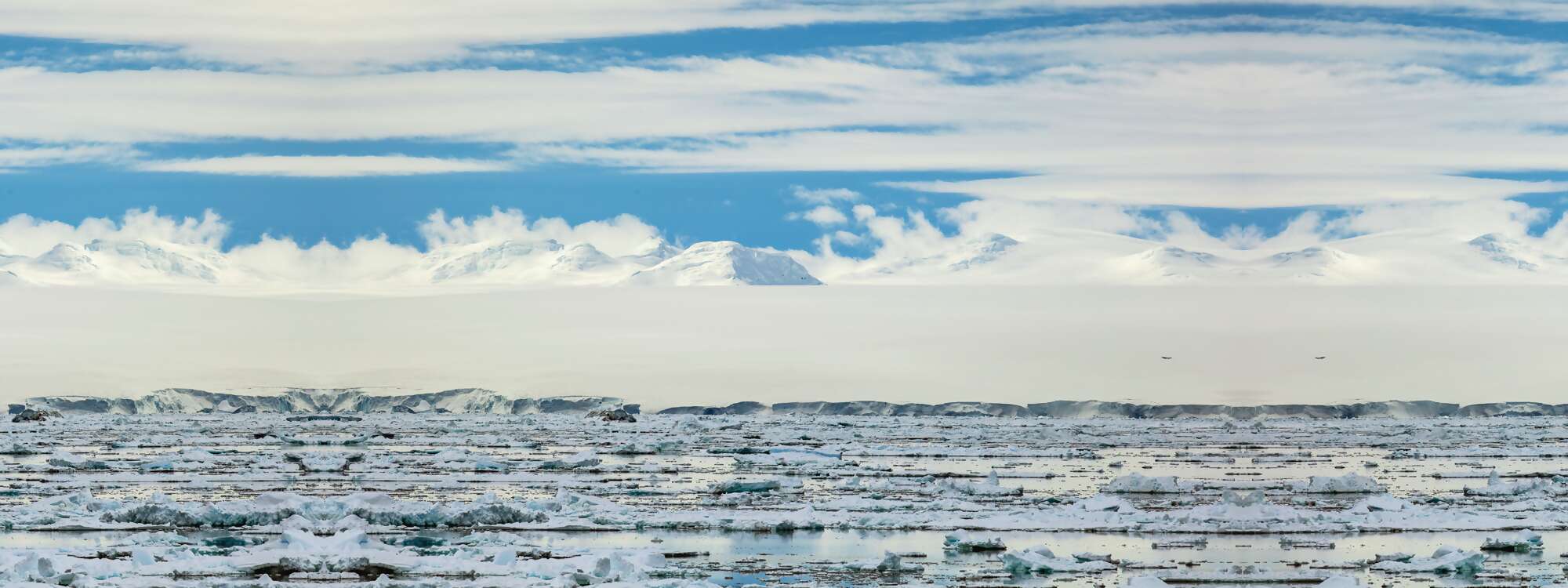 
Schelfeis, das sich von Joinville Island in den Antarctic Sound erstreckt, am nordöstlichen Ende der Antarktischen Halbinsel in der RegionAntarktis