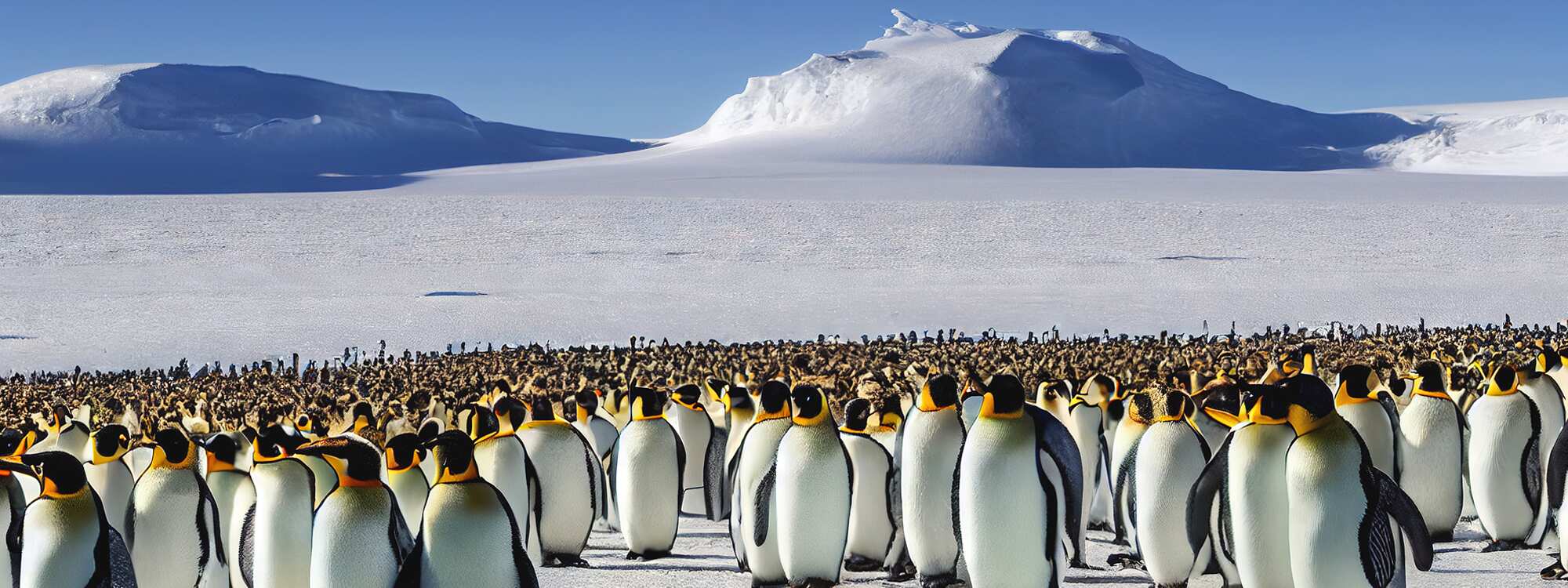 Eine große Herde von Kaiserpinguinen versammelte sich an einem kalten, sonnigen Tag auf einer Eisscholle nahe der Südlichen Orkneyinseln in der Region Antarktis